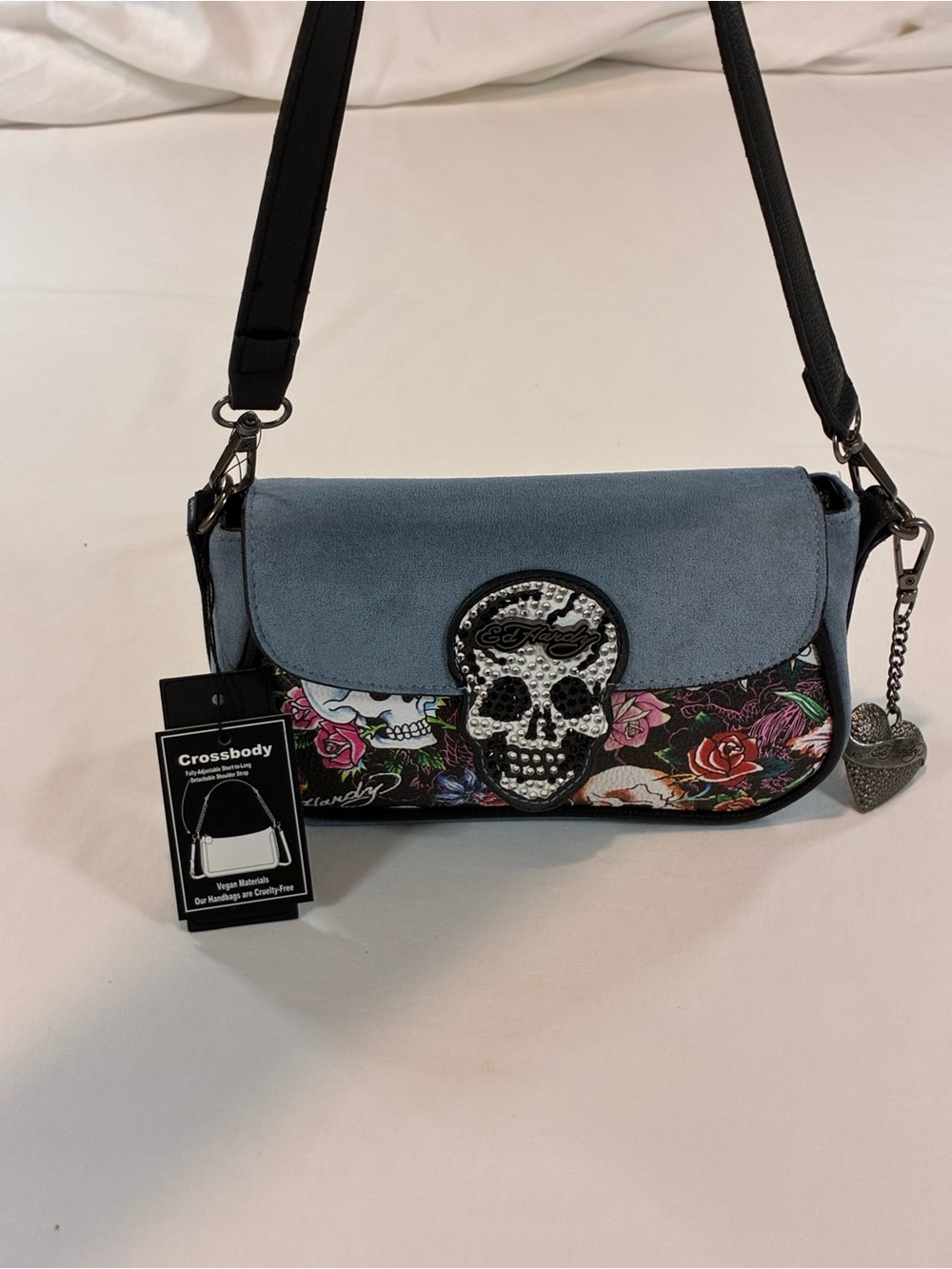 Ed Hardy Blue Floral Skull Crossbody Bag with Heart Charm